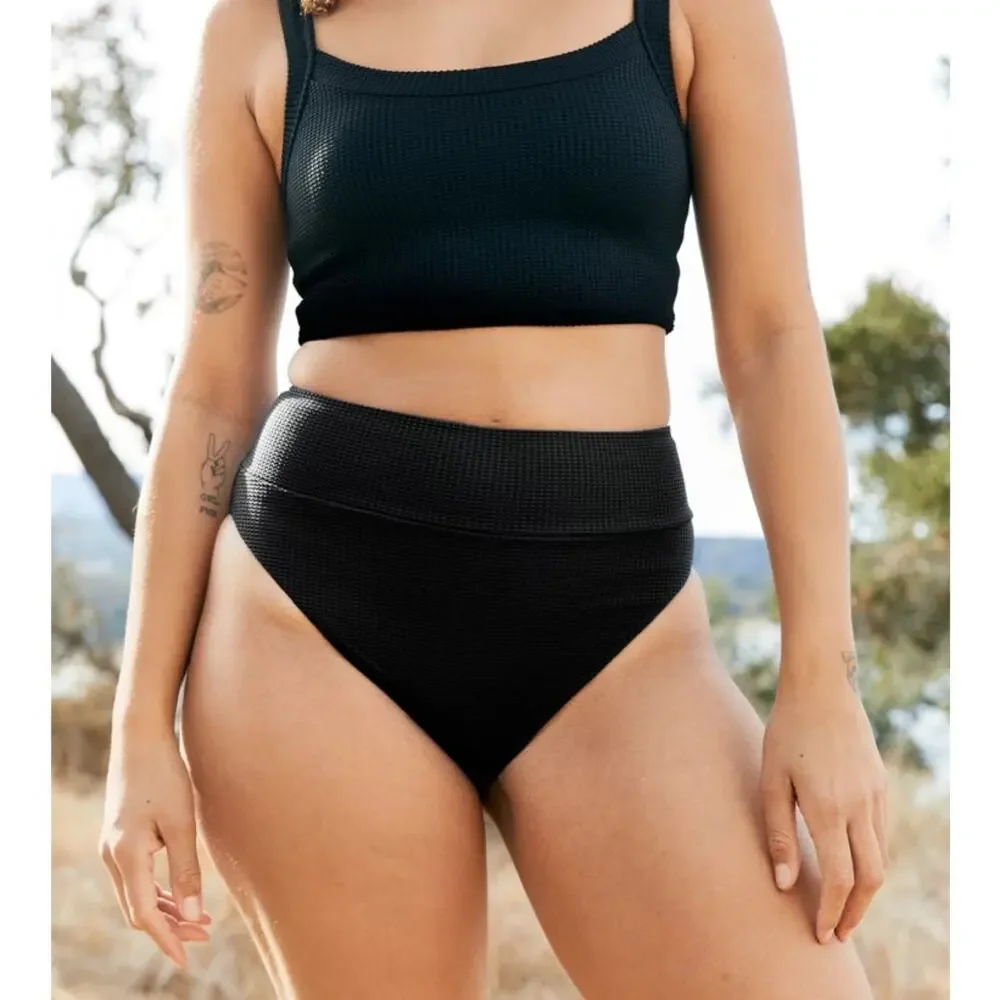 AERIE Waffle Longline Triangle High Cut Cheeky Bikini Black XL XXL - Picture 3 of 9